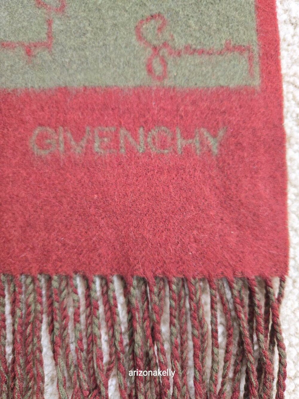 Vintage Givenchy Logo Scarf Cashmere Burgundy & Olive Green - Picture 7 of 8